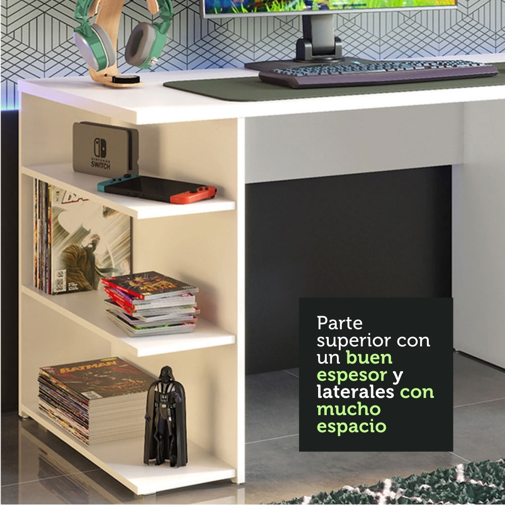 Escritorio Gamer Moderno Madesa + Panel para TV Hasta 65 Pulgadas Blanco/Marrón