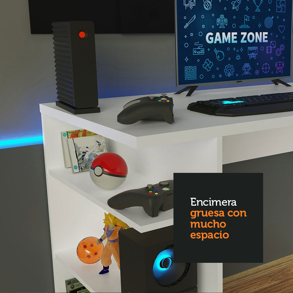 Escritorio Gamer Madesa 9409 con Panel para TV hasta 58 Pulgadas Blanco/Negro