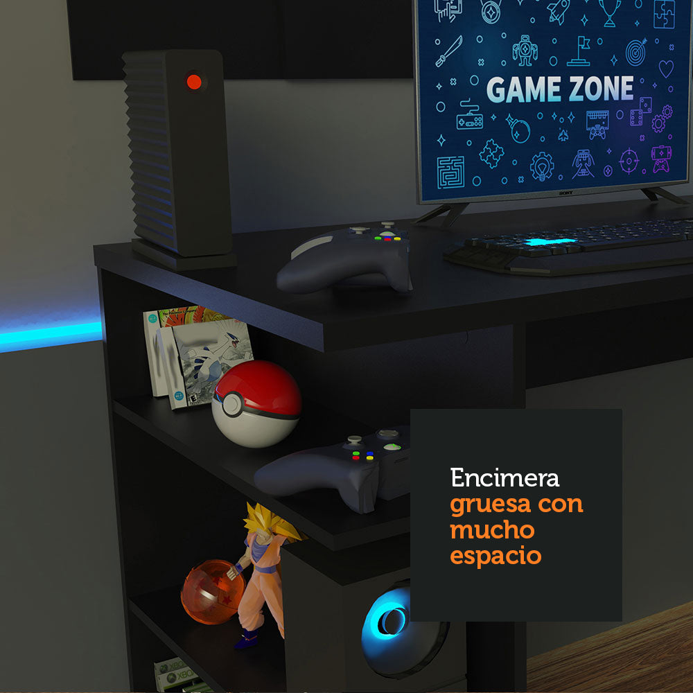 Escritorio Gamer Madesa 9409 con Panel para TV hasta 58 Pulgadas Negro