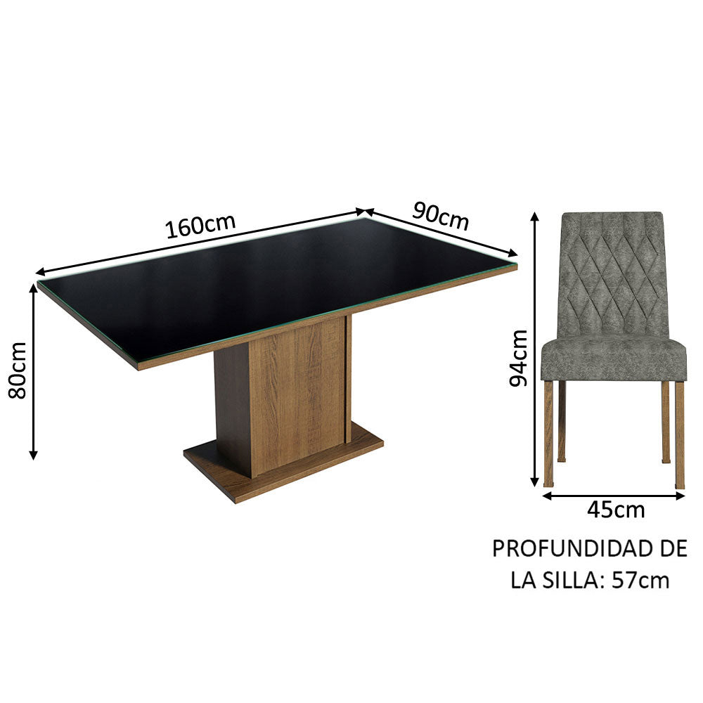 Juego de Comedor Mesa con Tapa de Vidrio 4 Sillas Marrón/Negro/Plata Marilia Madesa