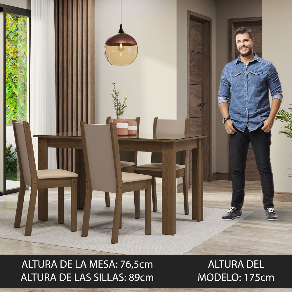 Conjunto Comedor Mesa Mesada de Vidro 4 Sillas Marrón/Crema/Bege Suzy Madesa