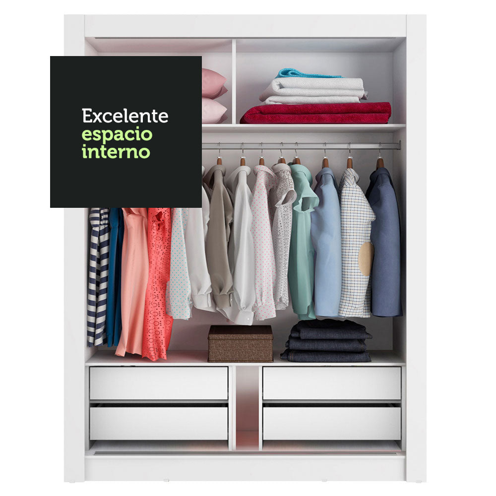 Placard Soltero 2 Puertas Corredizas con Espejo 4 Cajones Blanco/Marrón Dallas Plus