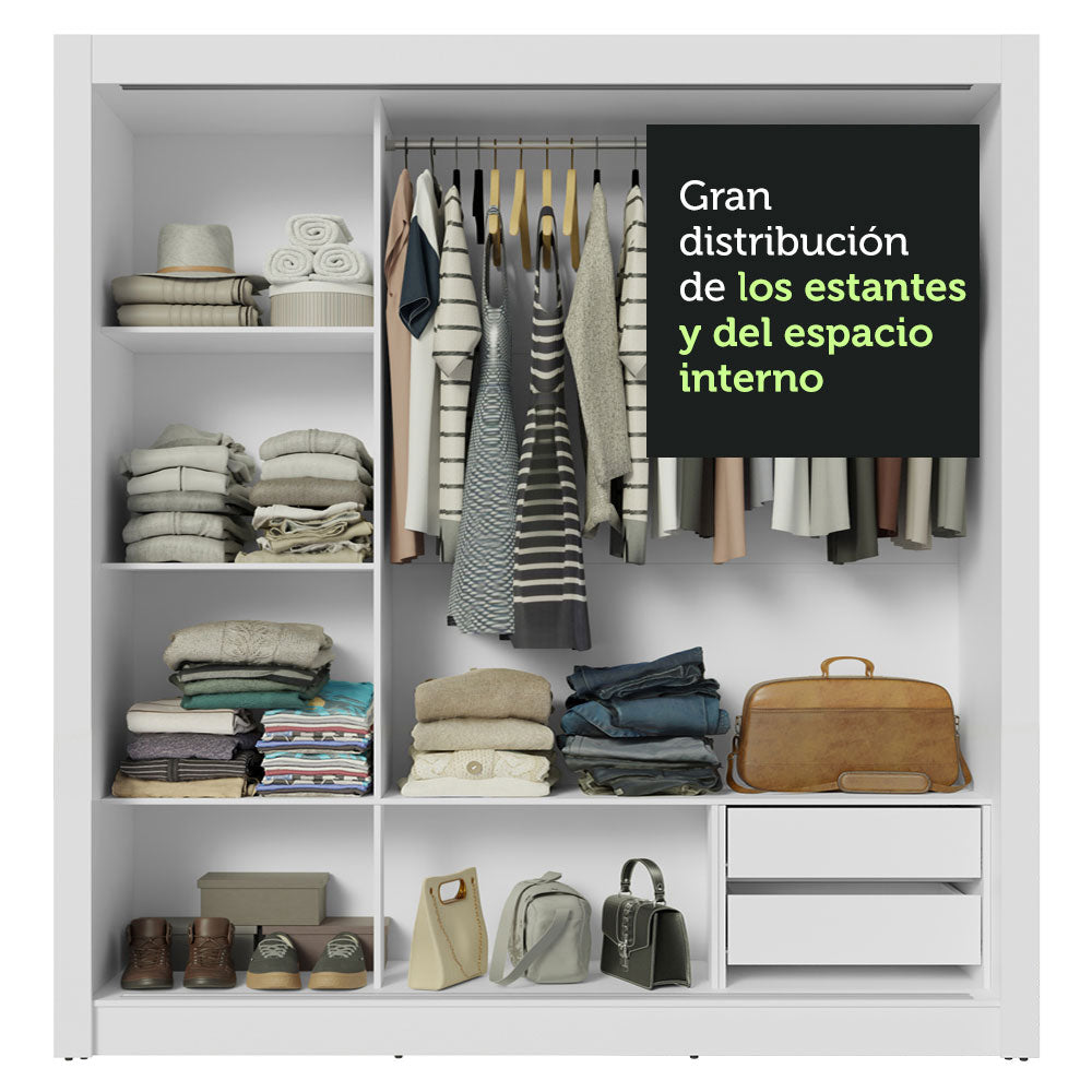 Placard Matrimonial 3 Puertas Corredizas de Espejo 2 Cajones Blanco Sublime