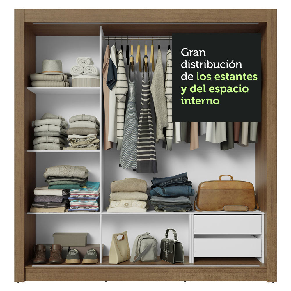 Placard Matrimonial 3 Puertas Corredizas de Espejo 2 Cajones Marrón Sublime