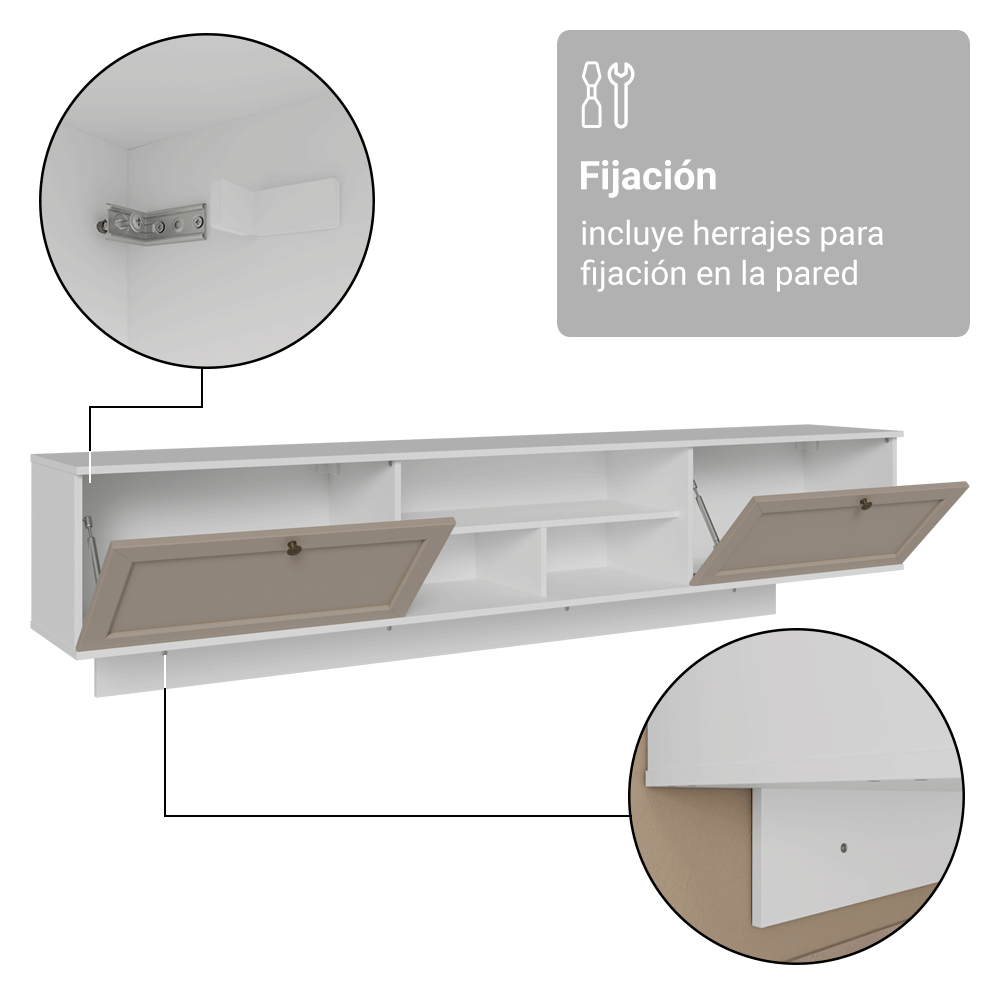 Rack Flotante para TV hasta 80 Pulgadas 218 cm 2 Puertas Blanco/Crema Vik Madesa