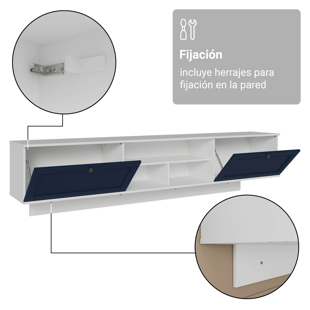 Rack Flotante para TV hasta 80 Pulgadas 218 cm 2 Puertas Blanco/Azul Vik Madesa