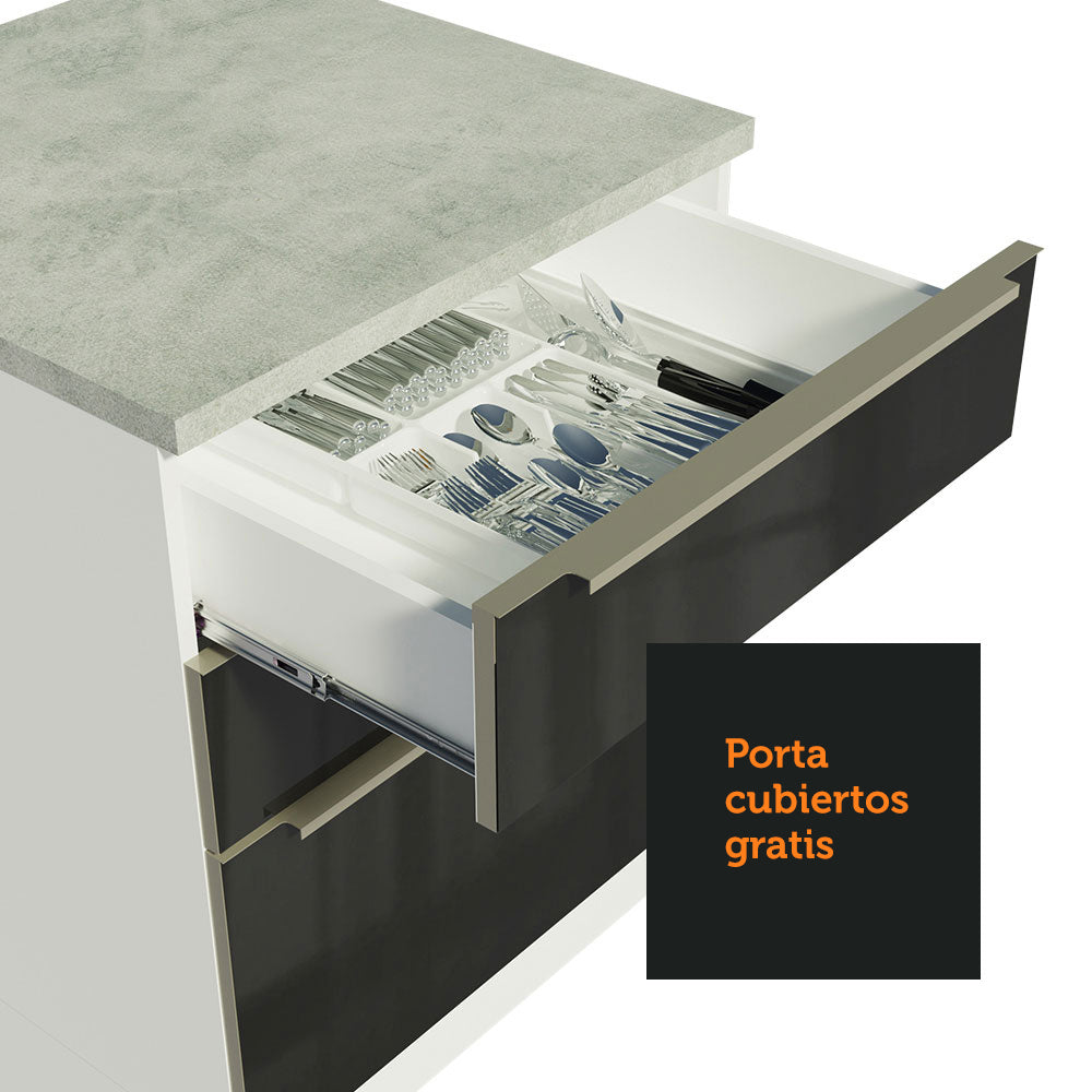 Bajo Mesada Cocina 120 cm x 60 cm, 2 Puertas 3 Cajones (Con Mesada) Lux Blanco/Negro
