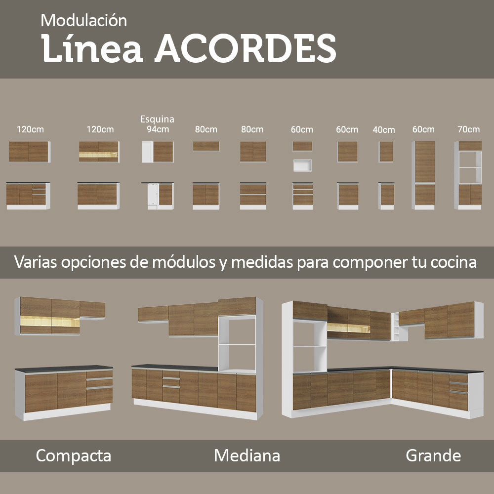 Bajo Mesada Cocina 100% MDF 80 cm 2 Cajones Blanco/Marrón Acordes Madesa
