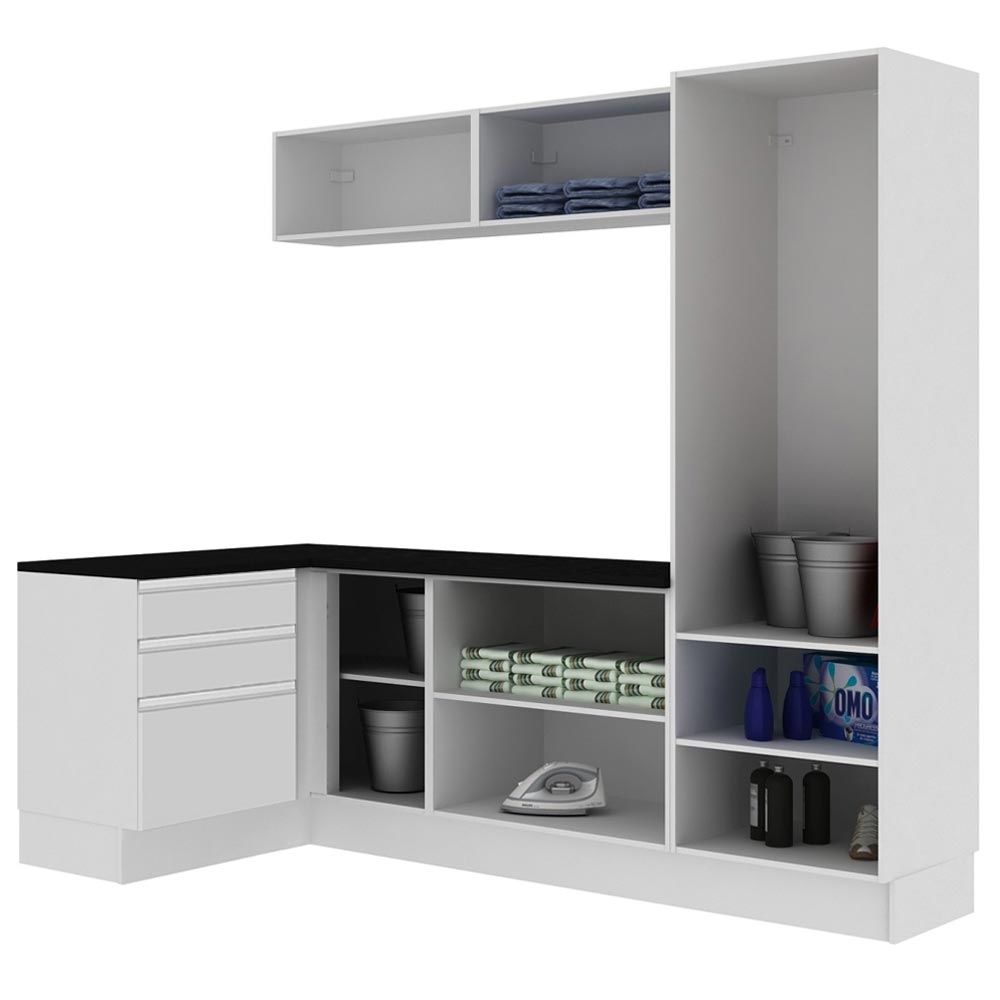 Kit Lavadero Madesa Acordes 100% MDF con Alacena, Cajonera y Bajo Mesada Esquinero Blanco Brillante