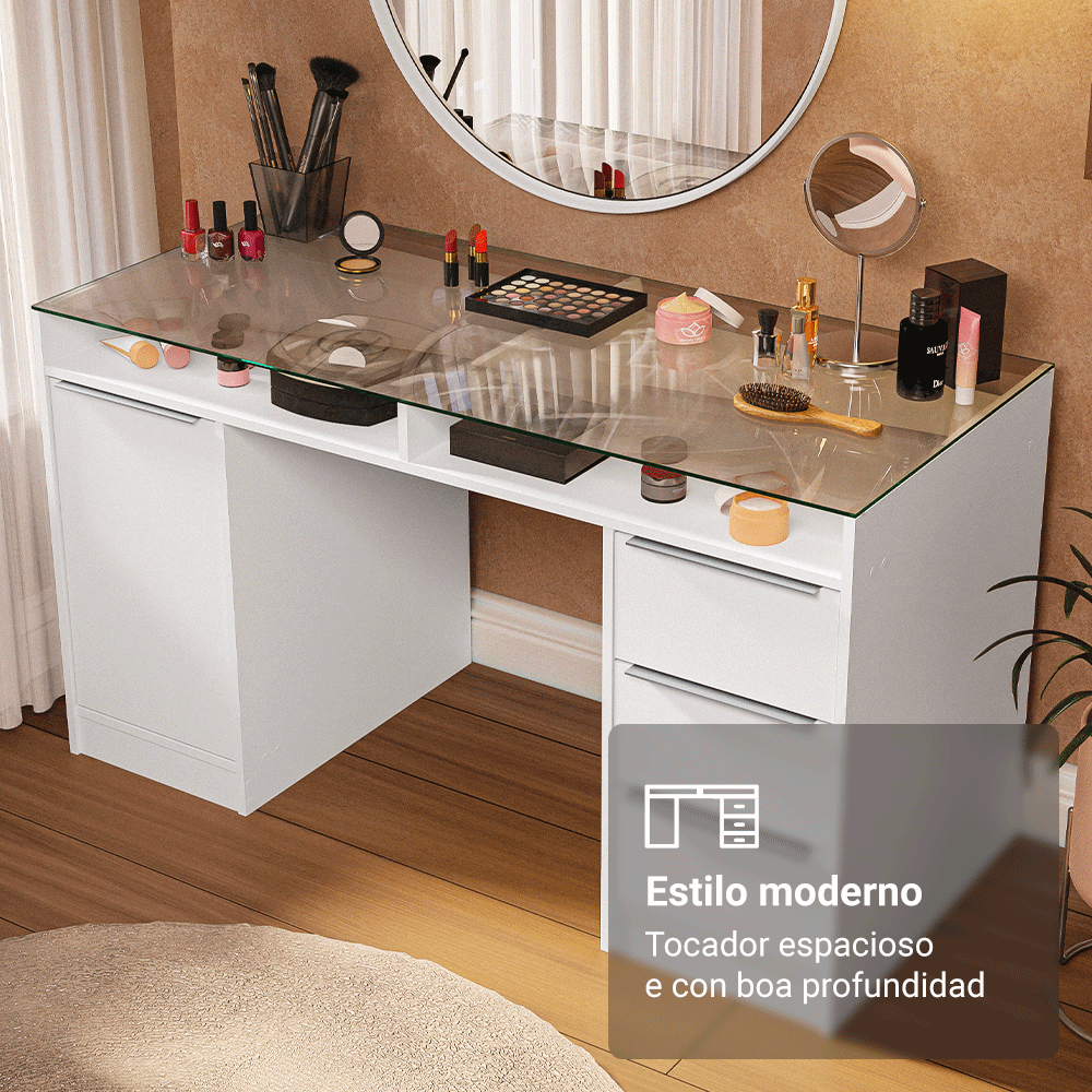 Escritorio Tocador 136cm 1 Puerta 3 Cajones Mesada Vidro Blanco Madesa