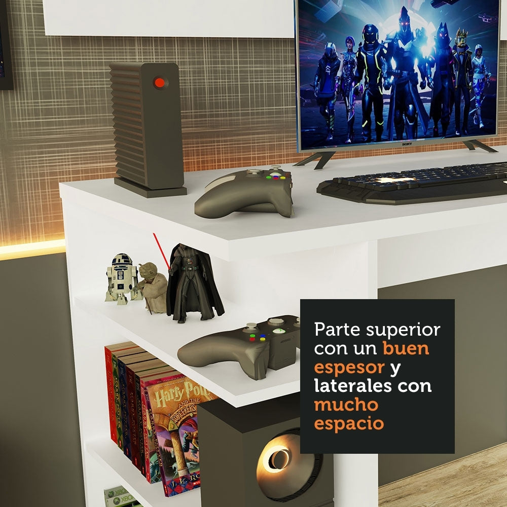 Escritorio Gamer Madesa 9409 e Panel para TV hasta 50 Pulgadas Blanco