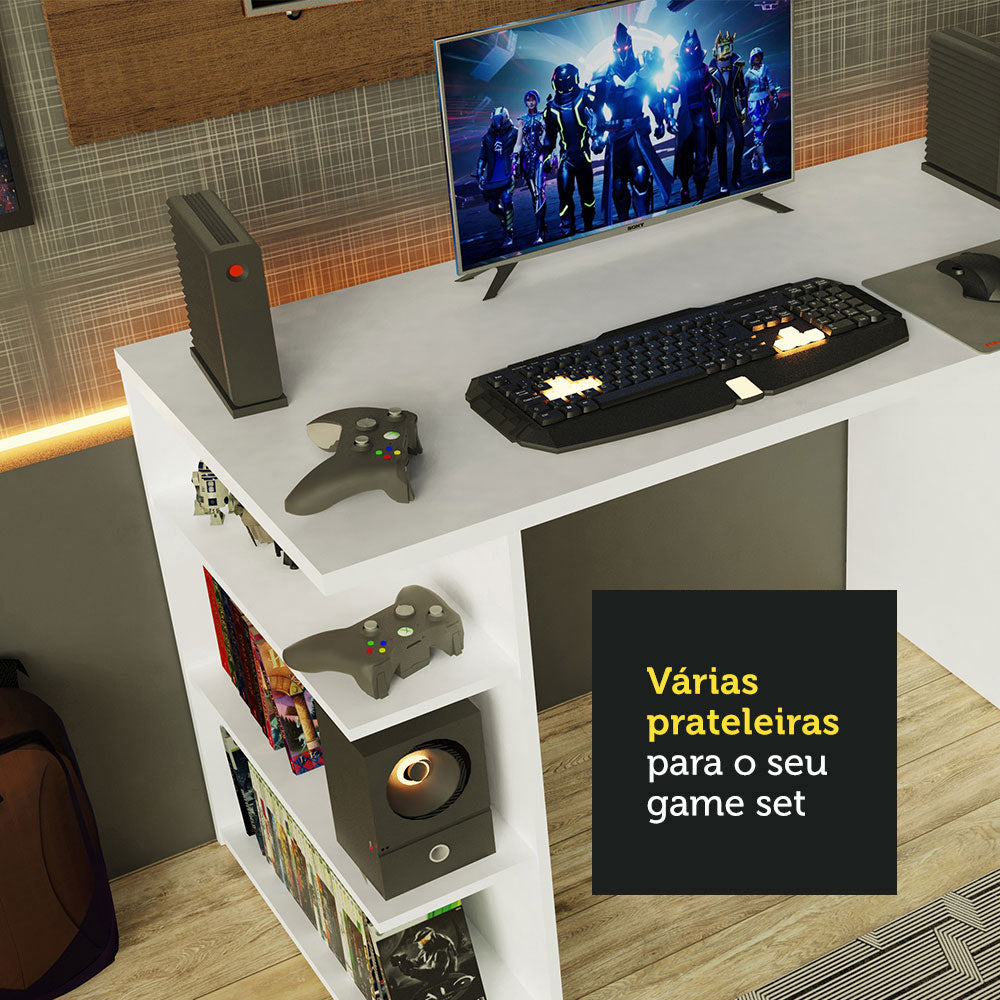 Escritorio Gamer Moderno Madesa + Panel para TV Hasta 50 Pulgadas Blanco/Marrón