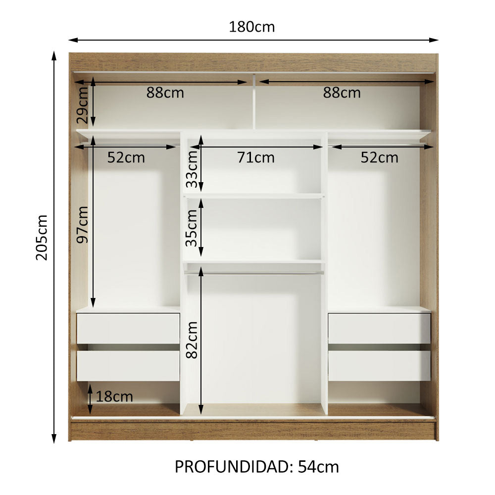 Placard Matrimonial Reno 3 Puertas Corredizas 2 con Espejo - Marrón/Blanco