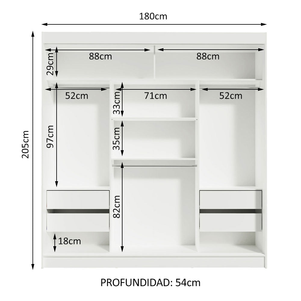 Placard Matrimonial Reno 3 Puertas Corredizas con Espejos Blanco/Negro