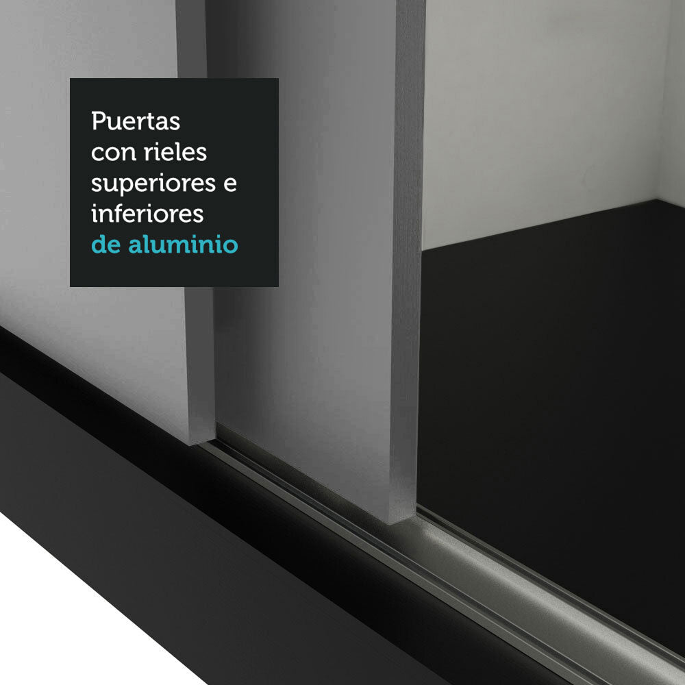 Placard Soltero 2 Puertas Corredizas con Espejo Negro/Gris Milano