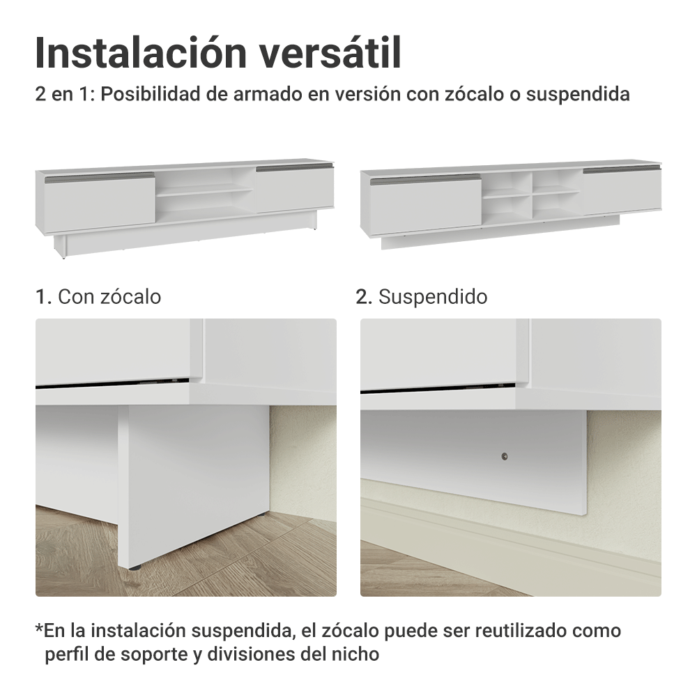Rack Flotante para TV hasta 80 Pulgadas 218 cm 2 Puertas Blanco Glamy Madesa