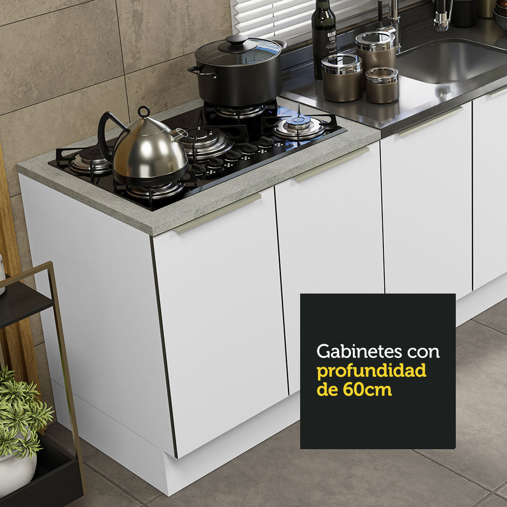 Combo con 2 Bajos Mesadas de Cocina 4 Puetas 3 Cajones 200 x 60 cm (Sin Mesada y Bacha) Blanco/Blanco Aterciopelado Lux Madesa