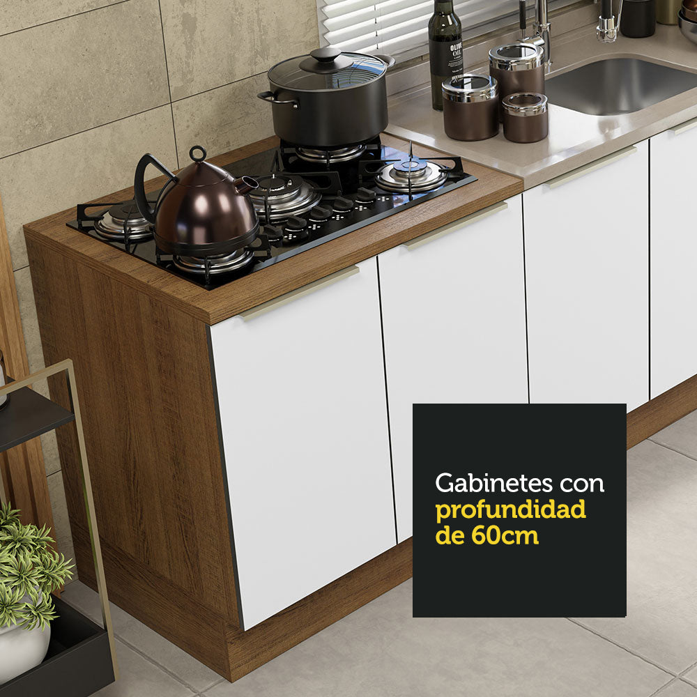 Combo con 2 Bajos Mesadas de Cocina 4 Puetas 3 Cajones 200 x 60 cm (Sin Mesada y Bacha) Marrón/Blanco Aterciopelado Lux Madesa