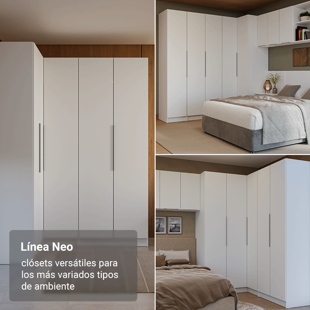 Dormitorio Completo Matrimonial Madesa Neo 580 cm con Ropero Esquinero con Espejos Blanco