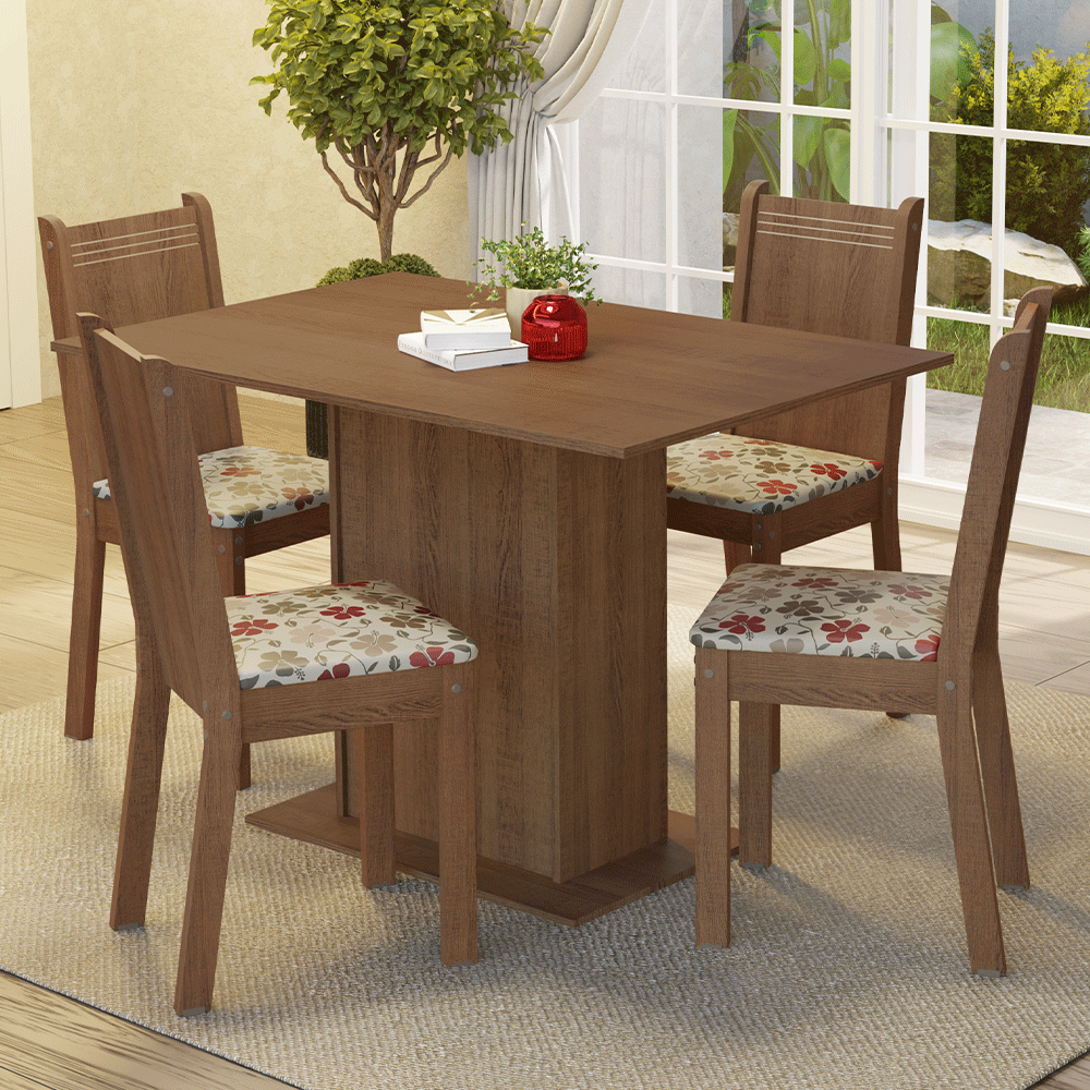 Juego de Comedor Madesa Luana Mesa Tapa de Madera con 4 Sillas Marrón/Floral Hibiscos