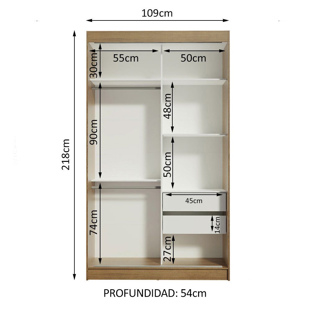 Placard Ropero Solteiro Madesa Tokio 2 Puertas Corredizas con Espejo 2 Cajones Marrón/Blanco