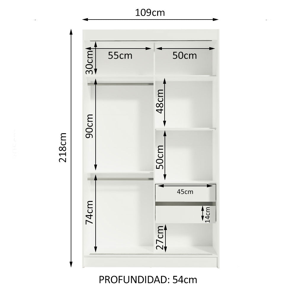 Placard Ropero Solteiro Madesa Tokio 2 Puertas Corredizas de Espejo 2 Cajones Blanco/Negro