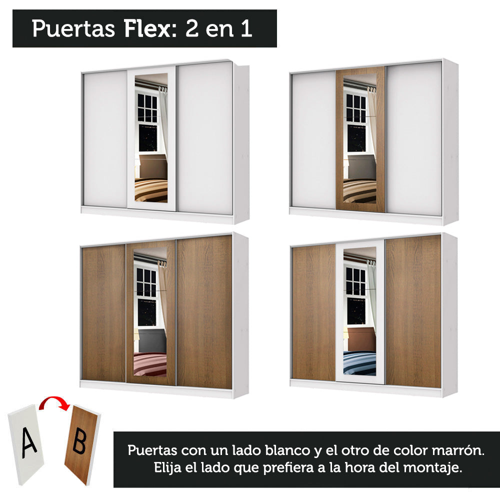 Placard Matrimonial 100% MDF Eros 3 Puertas Corredizas con Espejo Blanco