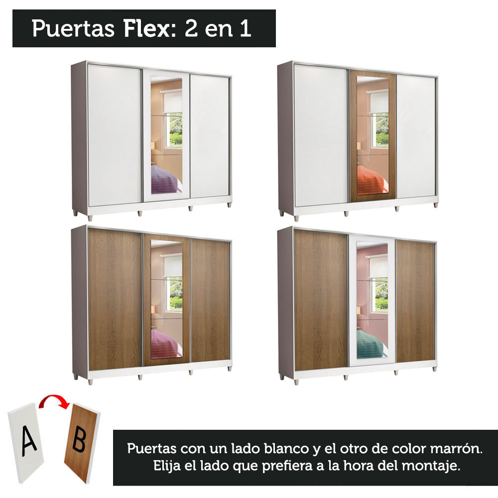 Placard Matrimonial 100% MDF Eros 3 Puertas Corredizas con Espejo con Patas Blanco/Blanco/Marrón