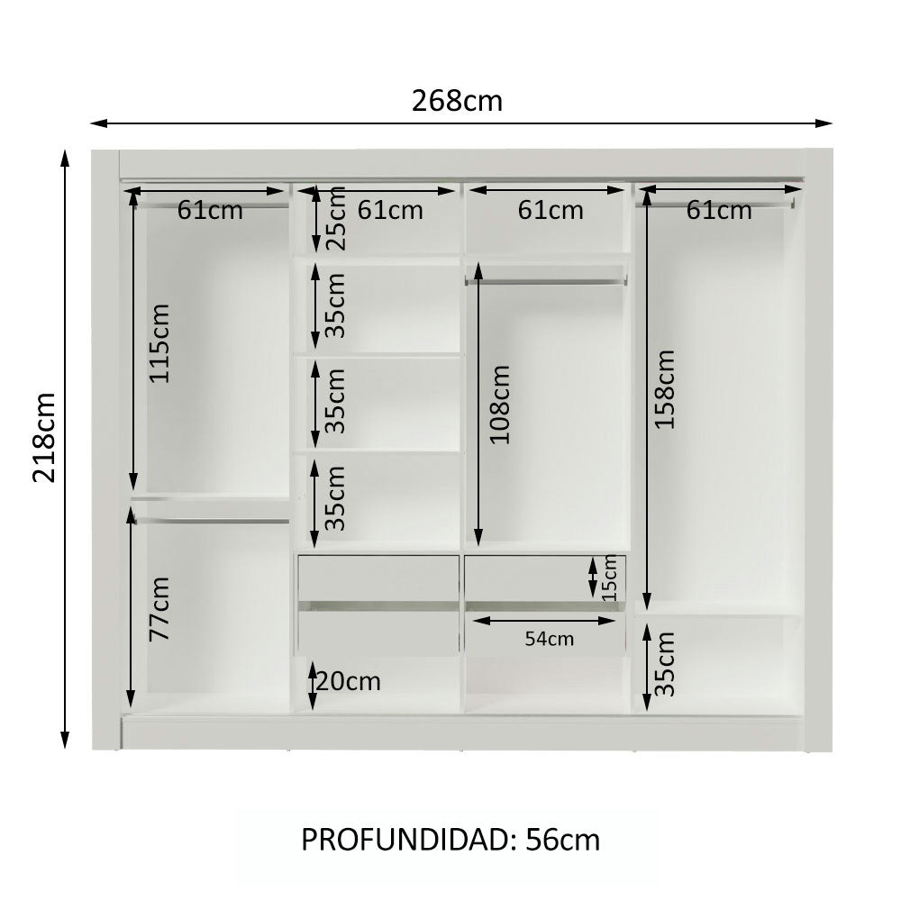 Placard Ropero Matrimonial Madesa Alabama 4 Puertas Corredizas con Espejos Blanco