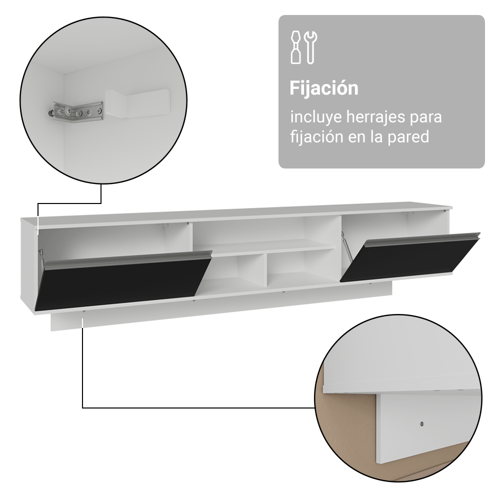 Rack Flotante para TV hasta 80 Pulgadas 218 cm 2 Puertas Blanco/Negro Glamy Madesa