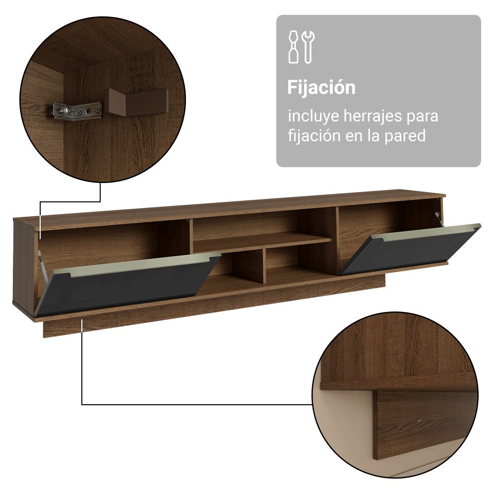 Rack Flotante para TV hasta 80 Pulgadas 218 cm 2 Puertas Marrón/Negro Lux Madesa