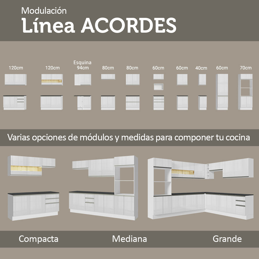 Combo Completo de Cocina Esquinera 100% MDF 419 cm Frentes Blanco Brillante Acordes Madesa 01