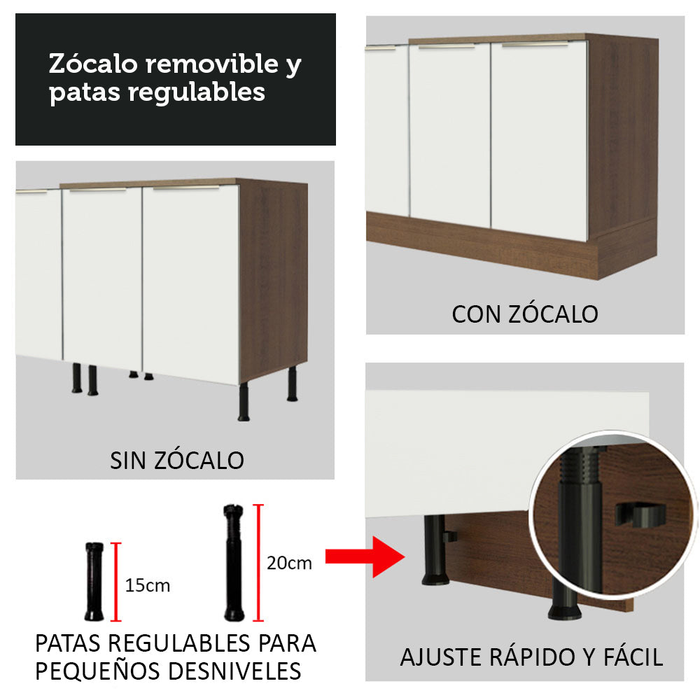 Combo con 2 Bajos Mesadas de Cocina 4 Puetas 3 Cajones 200 x 60 cm (Sin Mesada y Bacha) Marrón/Blanco Aterciopelado Lux Madesa