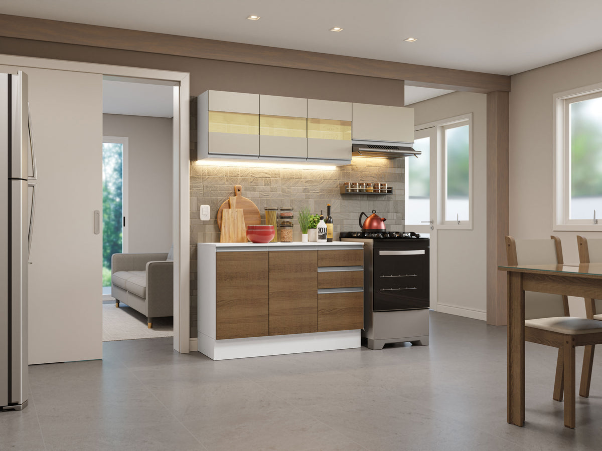 Cocina Compacta Smart 100% MDF 180 cm 7 Puertas 2 Cajones (Con Mesada) Blanco/Marrón/Crema Madesa