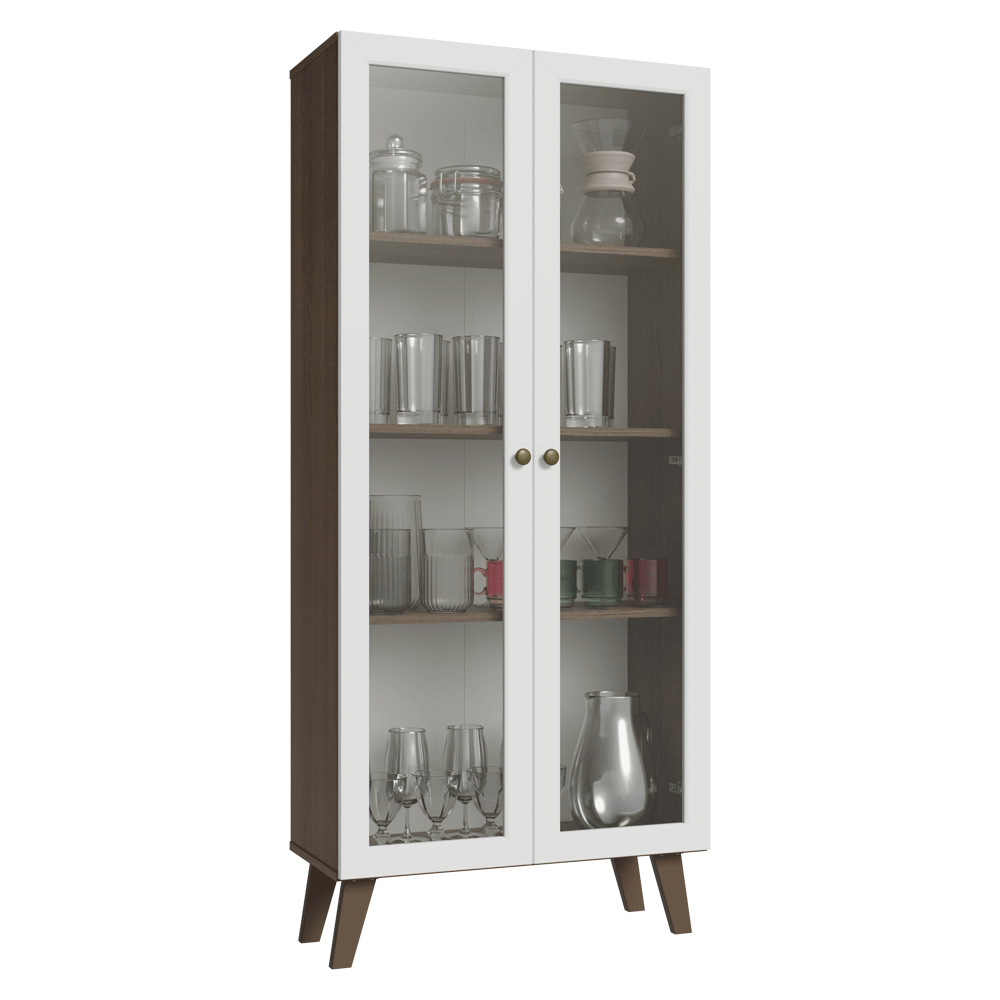 Cristalero 70 cm 2 Puertas de Vidrio con Patas Trapecio Vik Marrón/Blanco/Marrón