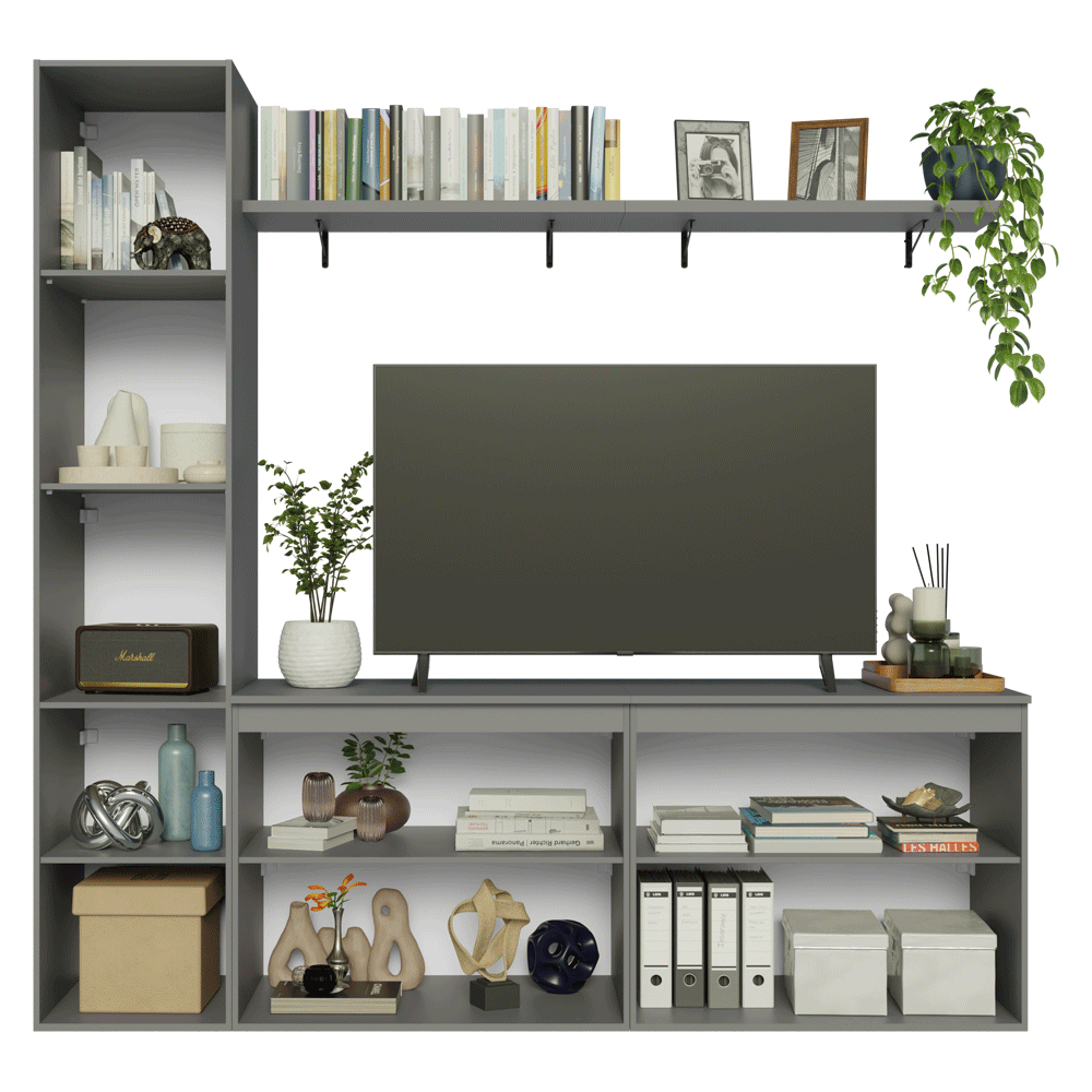 Rack para TV hasta 70 pulgadas flotante + repisa de 200cm, Gris Nice 01