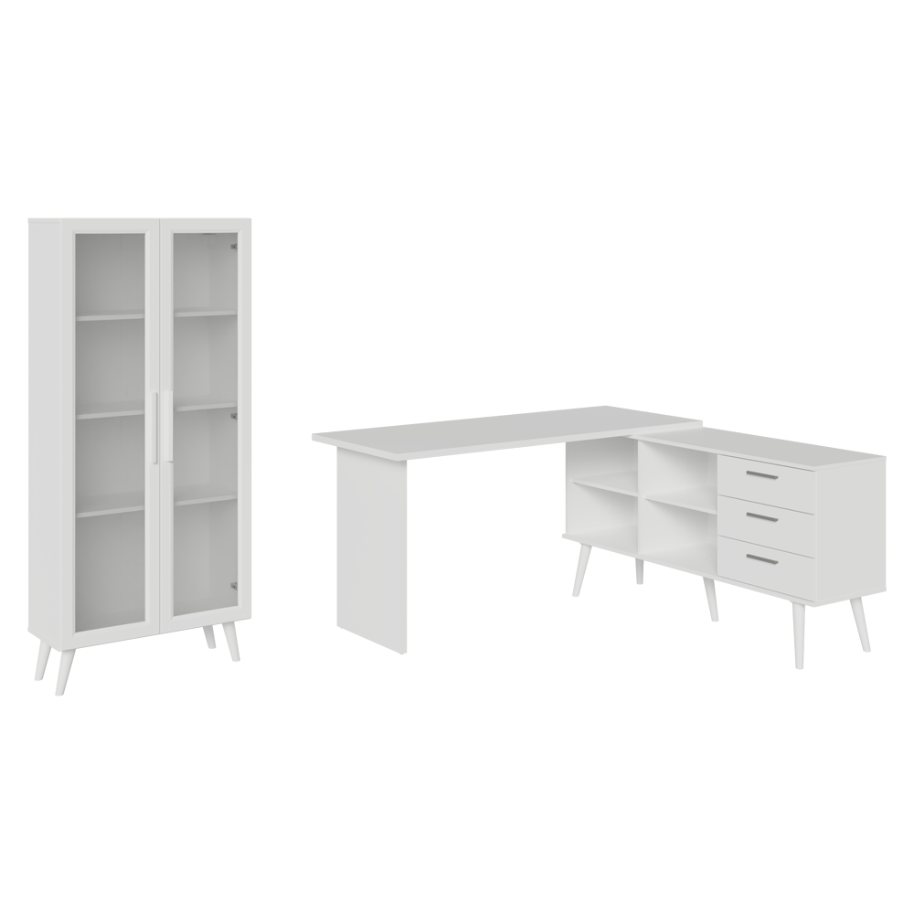 Kit 2 Piezas con Escritorio Esquinero 3 Cajones y Vitrina Multiuso Blanco