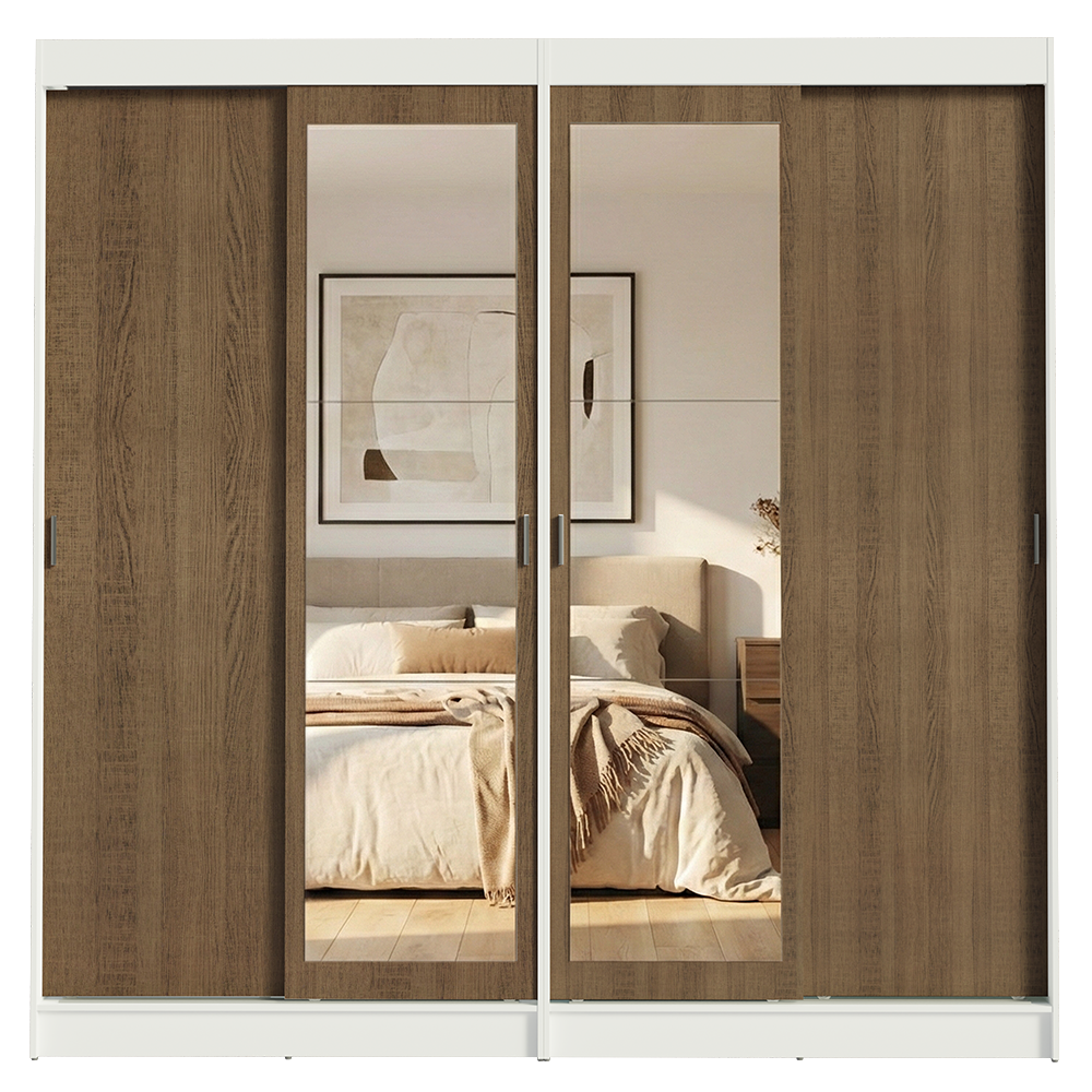 Conjunto 2 Placares 4 Puertas Corredizas con 2 Espejos Blanco/Marrón Tokio Madesa