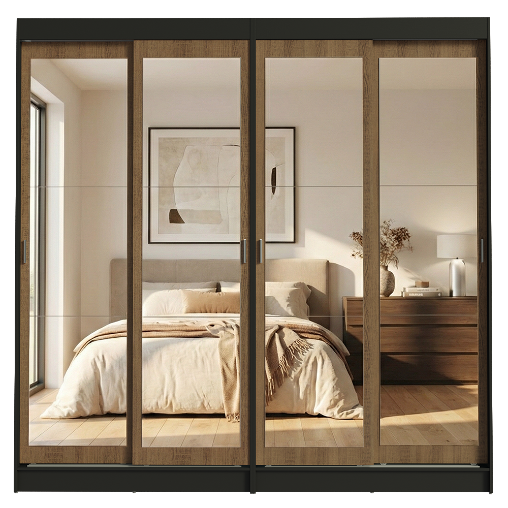Conjunto 2 Placares 4 Puertas Corredizas con 4 Espejos Negro/Marrón Tokio Madesa