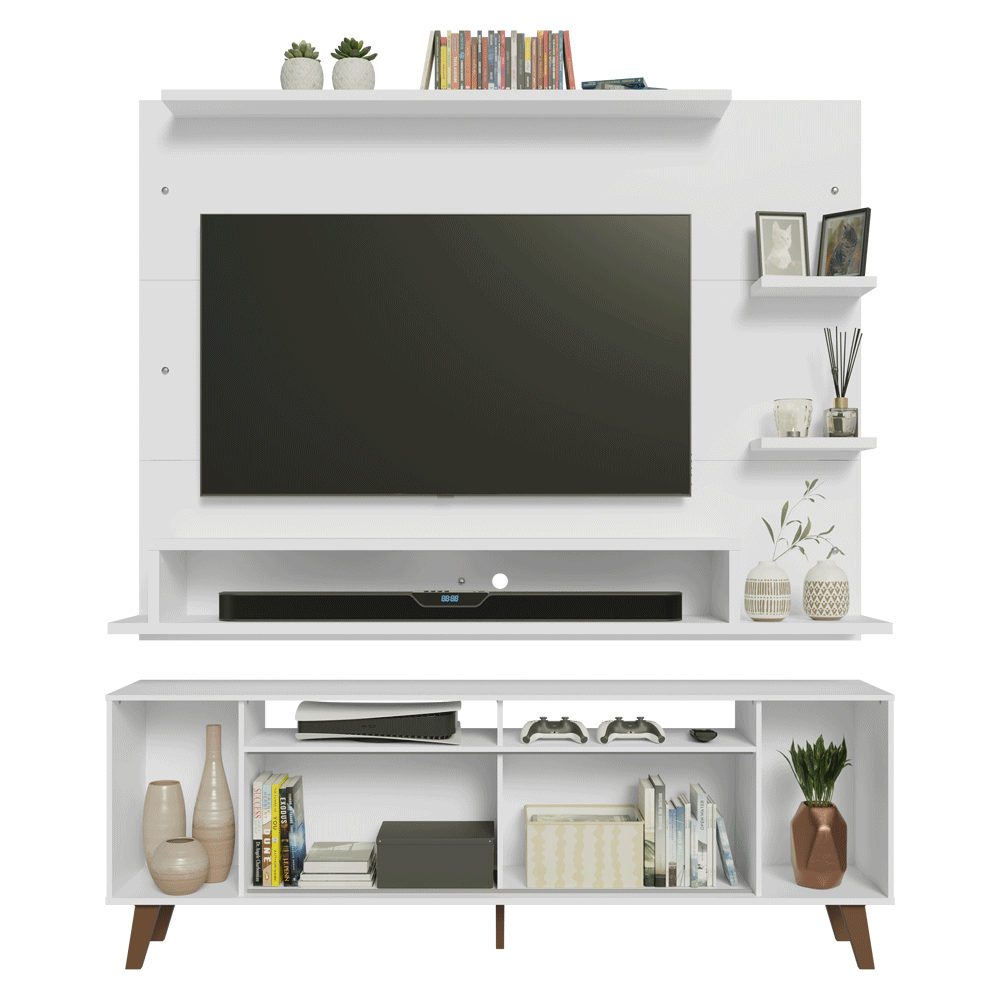 Rack con Panel para TV hasta 60 Pulgadas 180 cm con Patas Blanco/Marrón Cancun Madesa