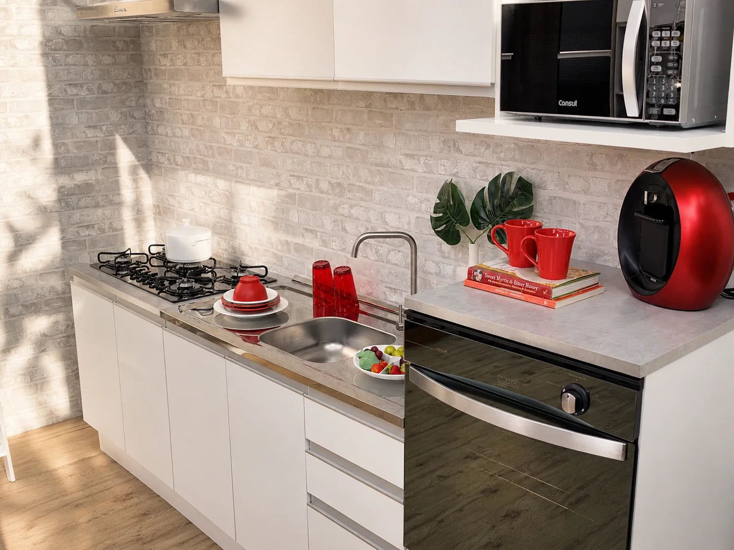 Cocina integral blanca línea Nice de Madesa con mesada clara, anafe y horno, en tonos claros para un ambiente fresco.