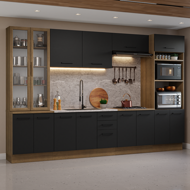 Combo completo de Cocina 340 cm 14 Puertas 3 Cajones Sin Mesada Marrón/Negro Agata Madesa