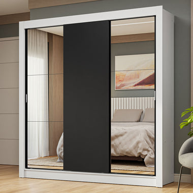 Placard Matrimonial 170 cm 3 Puertas Corredizas con 2 Espejos Blanco/Negro Nobre Madesa