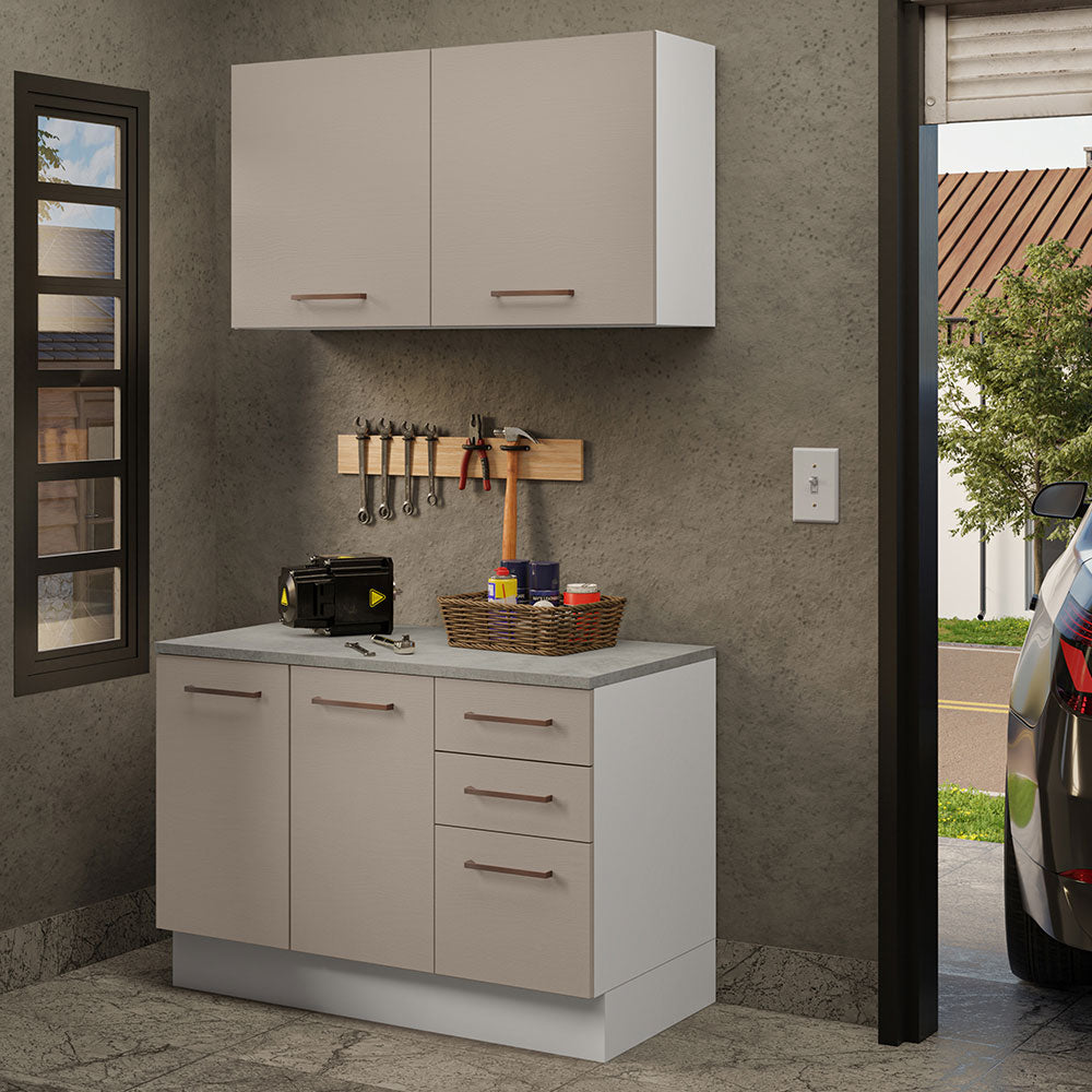 Kit con Bajo Mesada y Alacena Multiuso 120 cm Blanco/Crema Agata Madesa