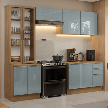 Combo completo de Cocina 270 cm con Cristalero 9 Puertas 3 Cajones Marrón/Gris Lux Madesa