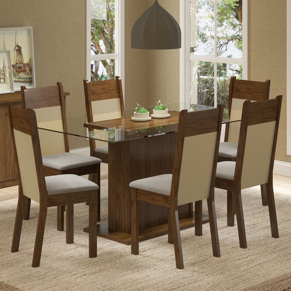 Juego de Comedor Madesa Atlanta Mesa Tapa de Vidrio con 6 Sillas Marrón/Crema/Sintético Beige