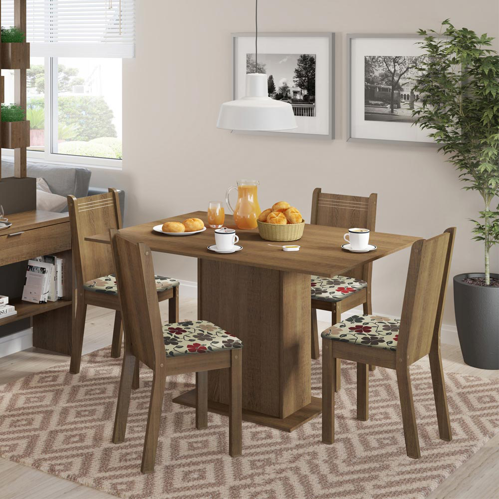 Juego de Comedor Lexy Madesa Mesa Tapa de Madera con 4 Sillas Marrón/Floral Hibiscos