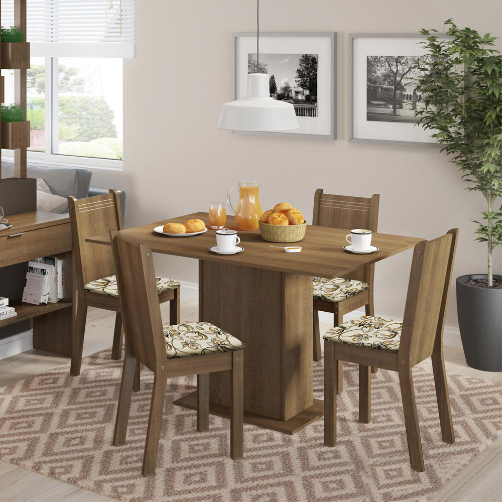 Juego de Comedor Lexy Madesa Mesa Tapa de Madera con 4 Sillas Marrón/Floral Lírio Beige