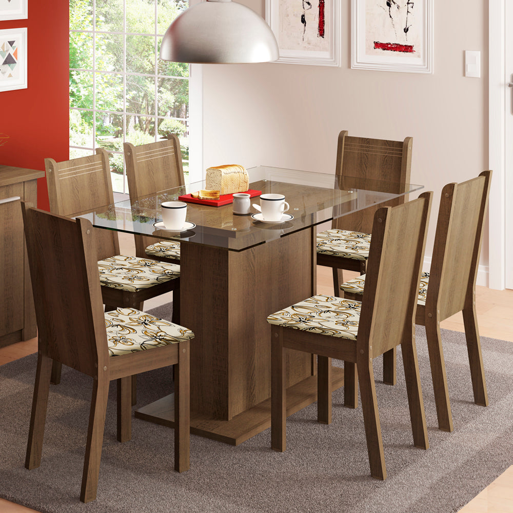 Juego de Comedor Madesa Gales Mesa Tapa de Vidrio con 6 Sillas Marrón/Lírio Beige