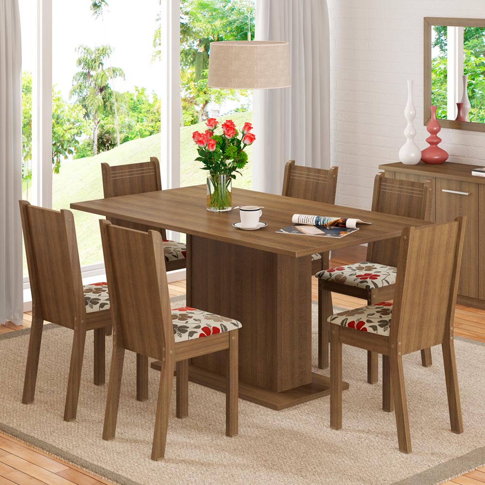 Juego de Comedor Madesa Megan Mesa Tapa de Madera con 6 Sillas Marrón/Floral Hibiscos